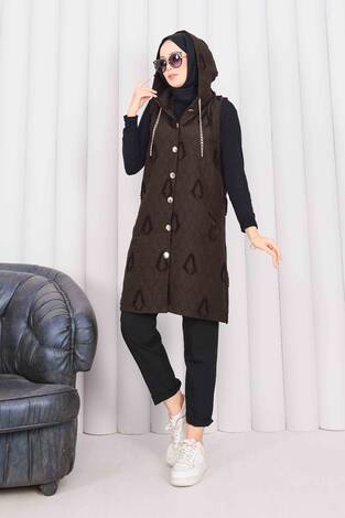 Kapüşonlu Düğmeli Tesettür Kapitone Yelek Kahve - Thumbnail