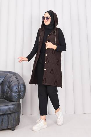 Kapüşonlu Düğmeli Tesettür Kapitone Yelek Kahve - Thumbnail