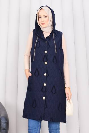 Kapüşonlu Düğmeli Tesettür Kapitone Yelek Lacivert - Thumbnail