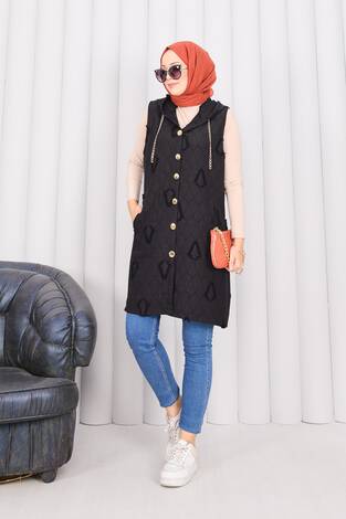 Kapüşonlu Düğmeli Tesettür Kapitone Yelek Siyah - Thumbnail