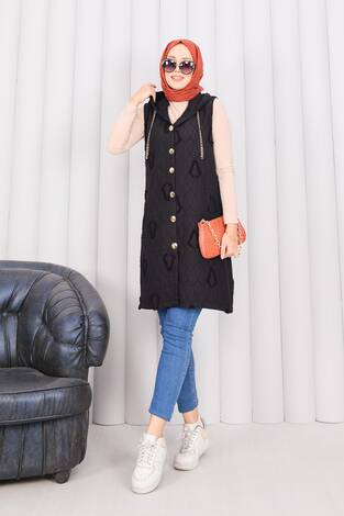 Kapüşonlu Düğmeli Tesettür Kapitone Yelek Siyah - Thumbnail