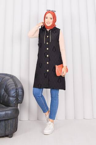 Kapüşonlu Düğmeli Tesettür Kapitone Yelek Siyah - Thumbnail