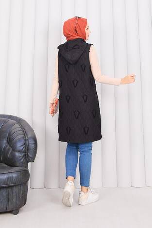 Kapüşonlu Düğmeli Tesettür Kapitone Yelek Siyah - Thumbnail