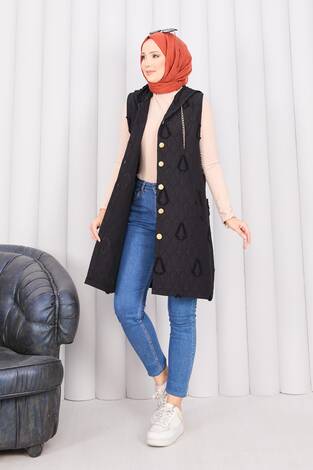 Kapüşonlu Düğmeli Tesettür Kapitone Yelek Siyah - Thumbnail