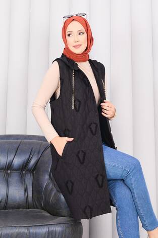 Kapüşonlu Düğmeli Tesettür Kapitone Yelek Siyah - Thumbnail