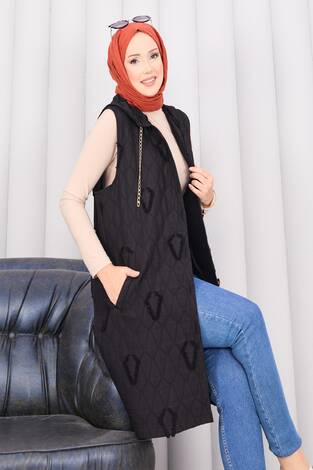 Kapüşonlu Düğmeli Tesettür Kapitone Yelek Siyah - Thumbnail