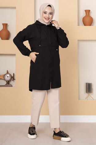 Kapüşonlu Fermuarlı Kap Siyah - Thumbnail