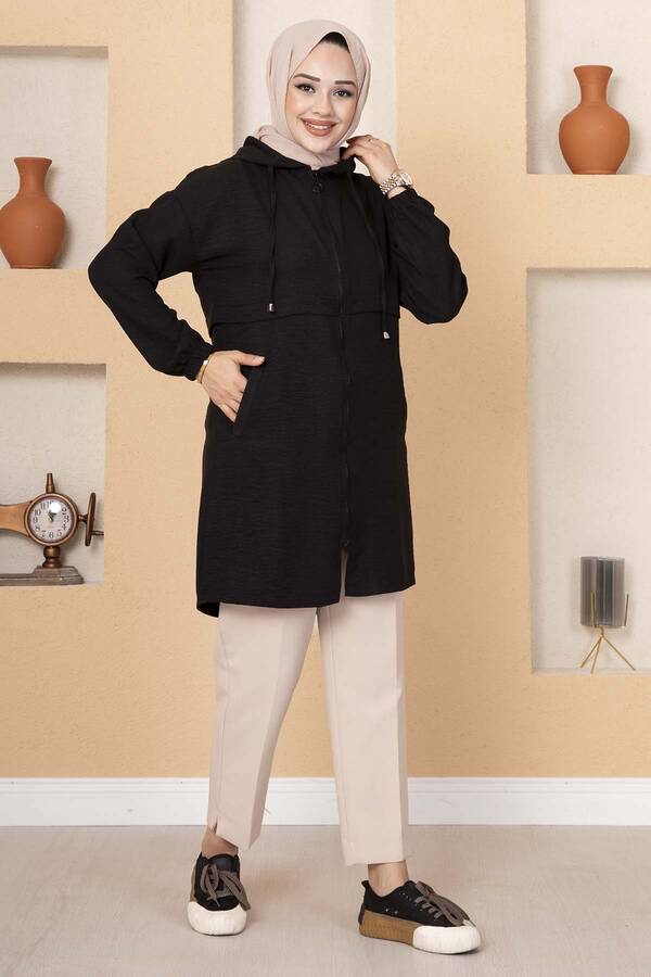 Kapüşonlu Fermuarlı Kap Siyah