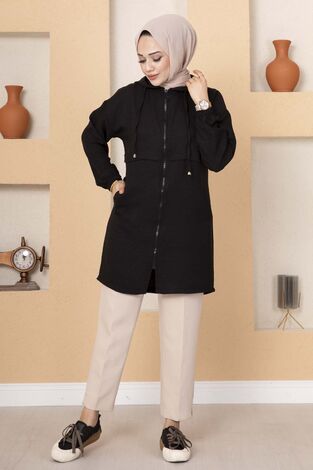 Kapüşonlu Fermuarlı Kap Siyah - Thumbnail