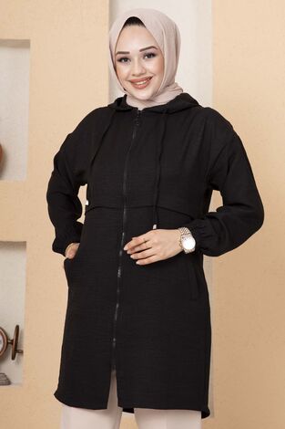 Kapüşonlu Fermuarlı Kap Siyah - Thumbnail