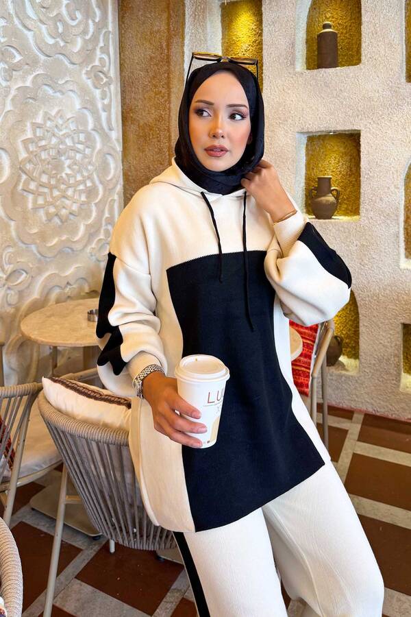 Mo - Kapüşonlu İki Renk Triko Takım Ekru (1)