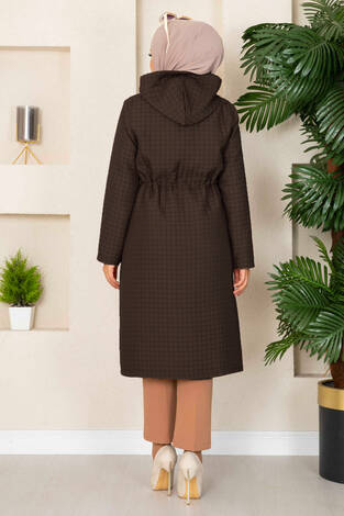 Kapüşonlu Kapitone Tesettür Trenç Kahve - Thumbnail