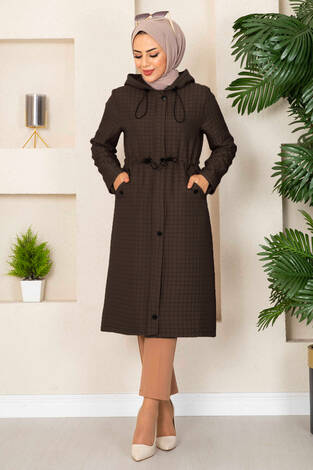 Kapüşonlu Kapitone Tesettür Trenç Kahve