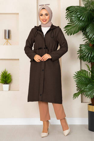 Kapüşonlu Kapitone Tesettür Trenç Kahve - Thumbnail