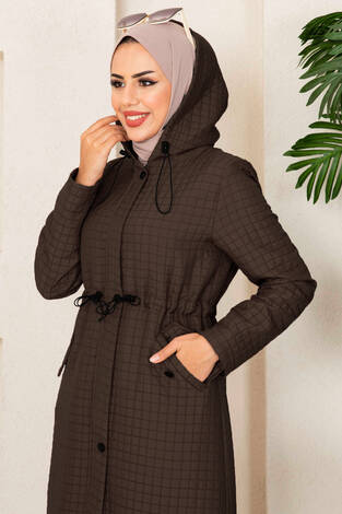 Kapüşonlu Kapitone Tesettür Trenç Kahve - Thumbnail