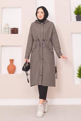 Kapüşonlu Kapitone Tesettür Trenç Koyu Vizon - Thumbnail