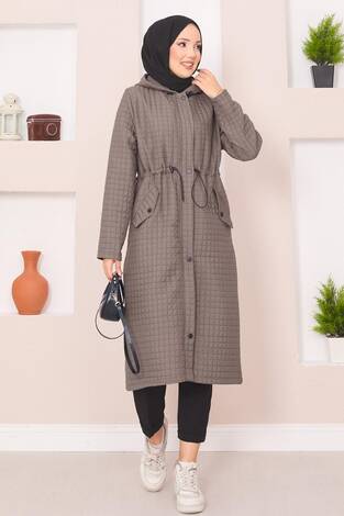 Kapüşonlu Kapitone Tesettür Trenç Koyu Vizon - Thumbnail