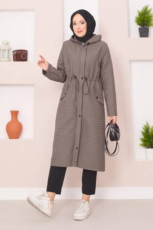 Kapüşonlu Kapitone Tesettür Trenç Koyu Vizon - Thumbnail