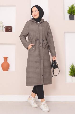 Kapüşonlu Kapitone Tesettür Trenç Koyu Vizon - Thumbnail