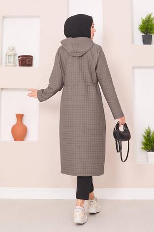 Kapüşonlu Kapitone Tesettür Trenç Koyu Vizon - Thumbnail