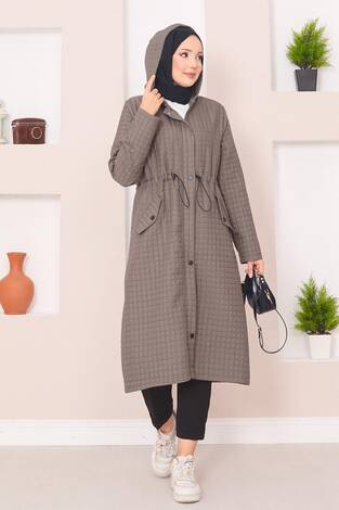 Kapüşonlu Kapitone Tesettür Trenç Koyu Vizon - Thumbnail