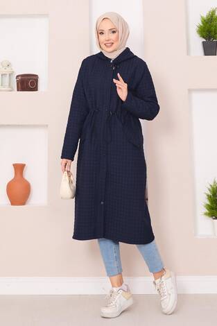 Kapüşonlu Kapitone Tesettür Trenç Lacivert - Thumbnail