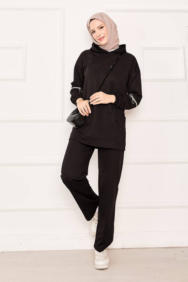 CVN - Kapüşonlu Kolu Fermuar Detaylı İkili Takım Siyah (1)