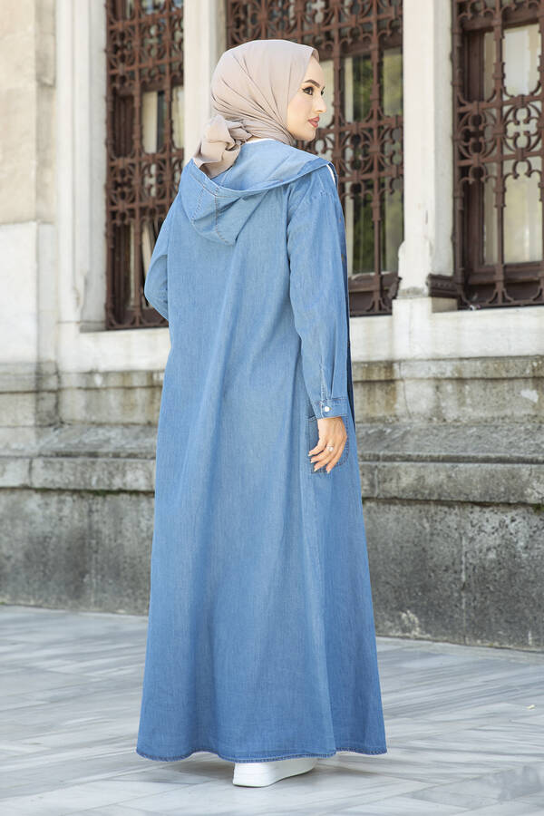 Kapüşonlu Kot Elbise Ferace 5415-1 Mavi
