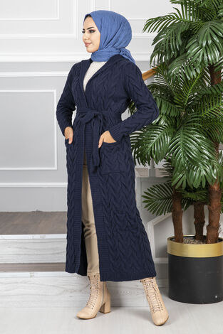 Kapüşonlu Örgülü Triko Tesettür Hırka Lacivert - Thumbnail