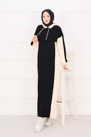 Kapüşonlu Spor Triko Elbise Siyah - Thumbnail