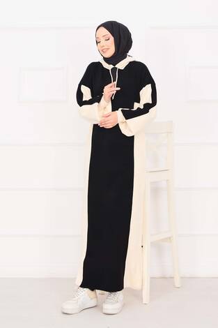 Kapüşonlu Spor Triko Elbise Siyah - Thumbnail