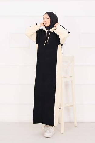 Kapüşonlu Spor Triko Elbise Siyah - Thumbnail