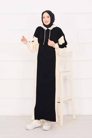 Kapüşonlu Spor Triko Elbise Siyah - Thumbnail