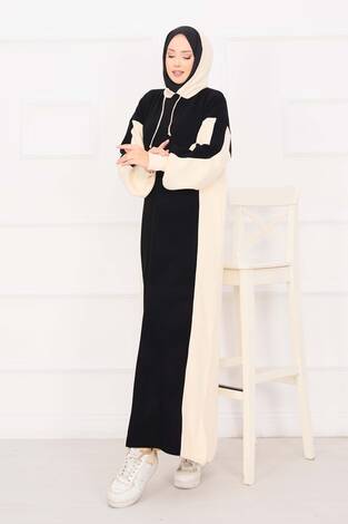 Kapüşonlu Spor Triko Elbise Siyah - Thumbnail