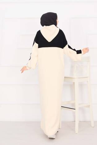 Kapüşonlu Spor Triko Elbise Siyah - Thumbnail