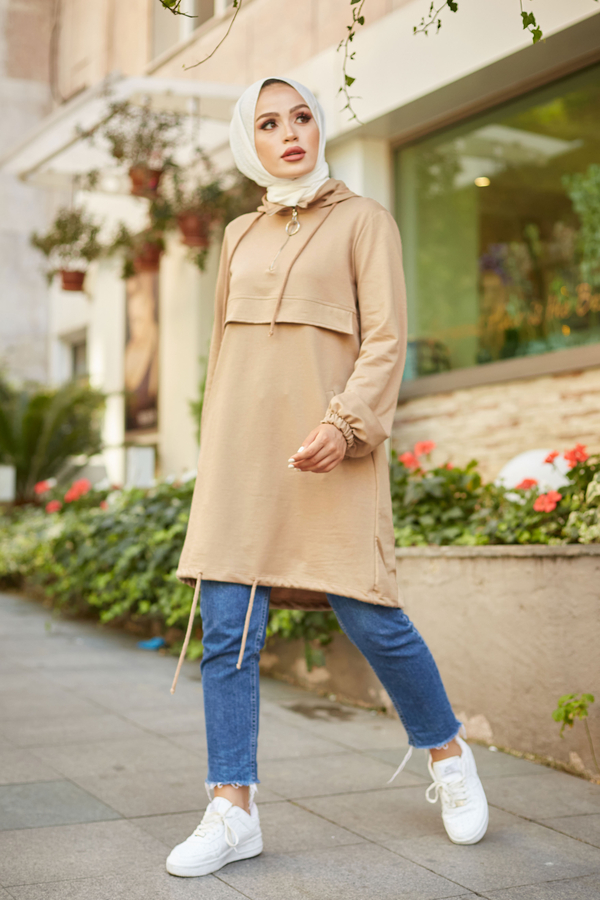  - Kapüşonlu Spor Tunik 2292-1 Camel
