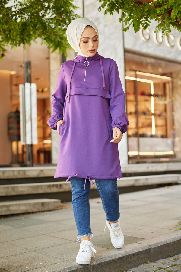  - Kapüşonlu Spor Tunik 2292-2 Mor