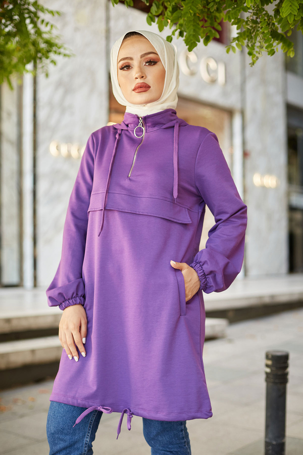  - Kapüşonlu Spor Tunik 2292-2 Mor (1)