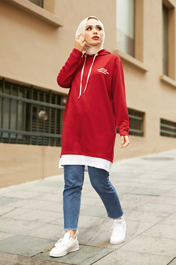 Kapüşonlu Spor Tunik 8736-2 Kırmızı Kapüşonlu Spor Tunik 8736-2 Kırmızı