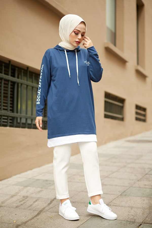  - Kapüşonlu Spor Tunik 8736-4 İndigo