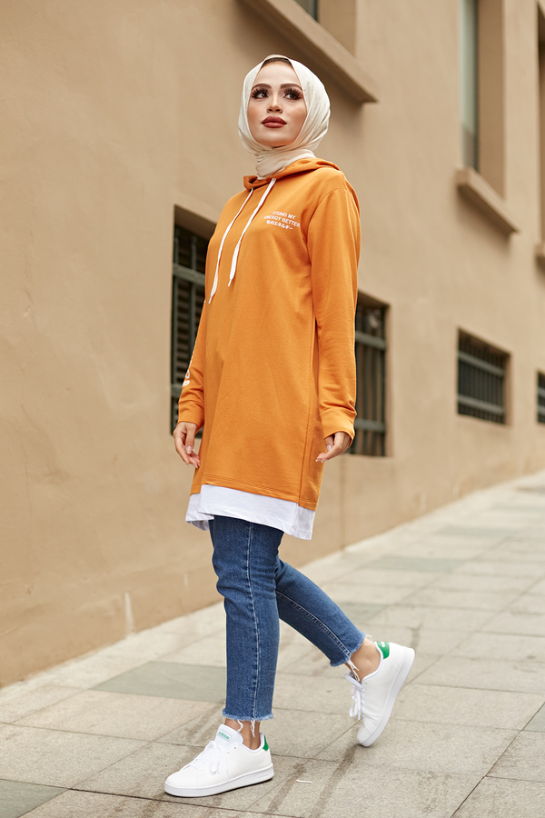  - Kapüşonlu Spor Tunik 8736-7 Hardal