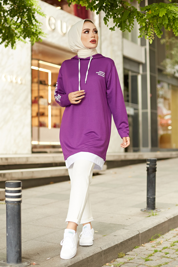  - Kapüşonlu Spor Tunik 8736-8 Mor