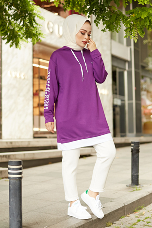 Kapüşonlu Spor Tunik 8736-8 Mor - Thumbnail