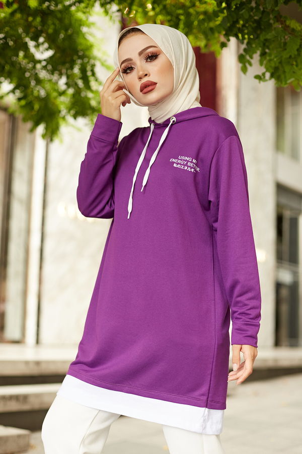  - Kapüşonlu Spor Tunik 8736-8 Mor (1)