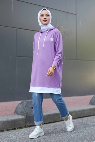 Kapüşonlu Spor Tunik 8736-9 Lila - Thumbnail