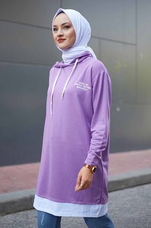 Kapüşonlu Spor Tunik 8736-9 Lila - Thumbnail