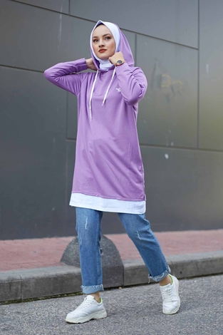 Kapüşonlu Spor Tunik 8736-9 Lila - Thumbnail