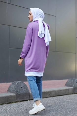 Kapüşonlu Spor Tunik 8736-9 Lila - Thumbnail