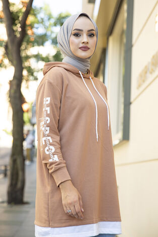 Kapüşonlu Spor Tunik Camel - Thumbnail