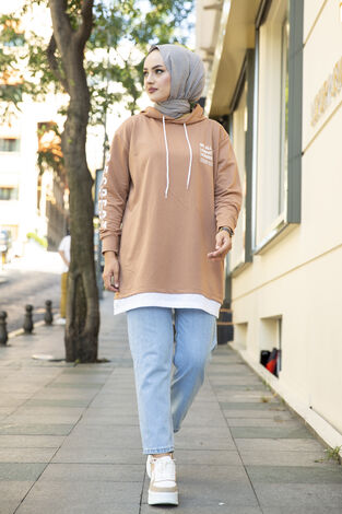 Kapüşonlu Spor Tunik Camel - Thumbnail
